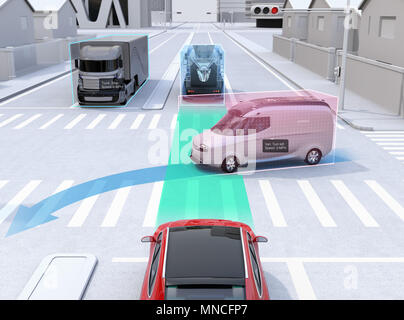 Location de voitures autonomes du partage de l'information conduite sur la route. Concept de voiture connecté. Le rendu 3D image. Banque D'Images