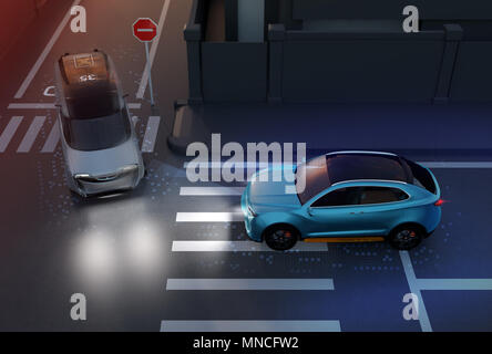 Vus bleu d'éviter un accident d'un minibus à Carrefour. Un système pilote d'avance concept. Le rendu 3D image. Banque D'Images