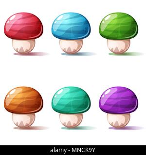 Cartoon Set champignon. Rouge, bleu, vert, jaune, rose. Illustration de Vecteur