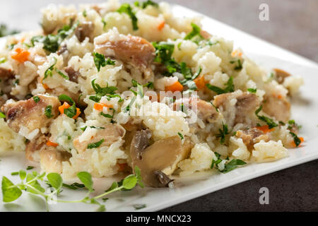 Riz au poulet et champignons, herbes et autres légumes sur platine - vue rapprochée Banque D'Images