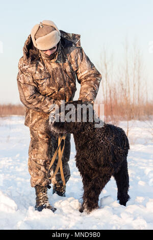 Black grand basset griffon vendéen chien avec son maître sur un marche sur neige hiver Banque D'Images