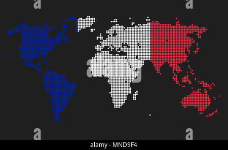 Carte du monde en pointillé en France couleurs du pavillon isolé sur fond gris. Banque D'Images