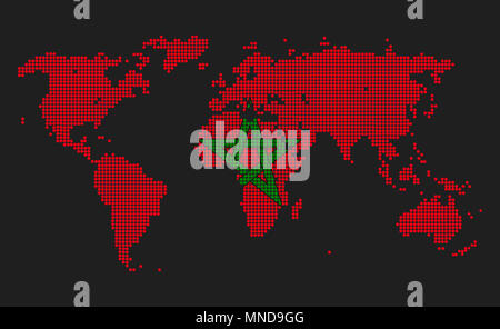 Carte du monde en pointillés au Maroc couleurs du pavillon isolé sur fond gris. Banque D'Images
