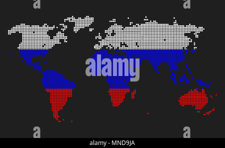 Carte du monde avec la Russie dans les couleurs du drapeau isolé sur fond gris. Banque D'Images