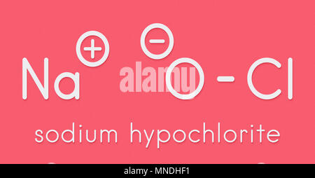 L'hypochlorite de sodium (NaOCl) molécule. Solution aqueuse est connue sous le nom de liquide (eau de javel). Formule topologique. Banque D'Images