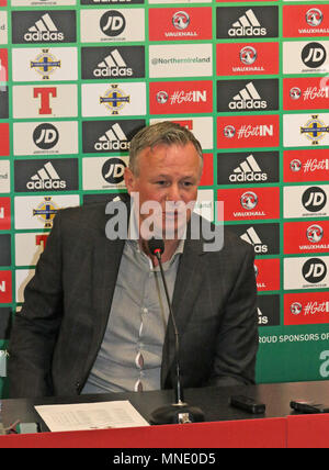 Windsor Park, Belfast, Irlande du Nord, Royaume-Uni. 16 mai 2018. L'Irlande du manager Michael O'Neill a annoncé aujourd'hui son équipe pour le prochain matchs amicaux internationaux en Amérique centrale. L'Irlande du Nord vont jouer dans la ville de Panama (Panama) le mercredi 30 mai 2018, puis le Costa Rica (San Jose) le dimanche 03 juin 2018. Crédit : David Hunter/ Alamy Live News. Banque D'Images