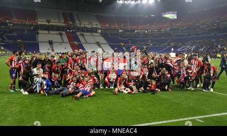 Les joueurs de l'Atlético Madrid célébrer après l'UEFA Europa League match final entre Marseille et l'Atletico Madrid au Parc Olympique Lyonnais le 16 mai 2018 à Lyon, France. (Photo de Daniel Chesterton/phcimages.com) Banque D'Images