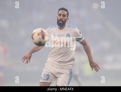 Adil Rami de Marseille au cours de l'UEFA Europa League match final entre Marseille et l'Atletico Madrid au Parc Olympique Lyonnais le 16 mai 2018 à Lyon, France. (Photo de Leila Coker/phcimages.com) Banque D'Images