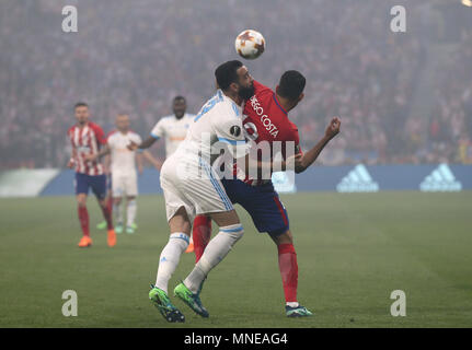 Diego Costa de l'Atletico Madrid et Adil Rami de Marseille au cours de l'UEFA Europa League match final entre Marseille et l'Atletico Madrid au Parc Olympique Lyonnais le 16 mai 2018 à Lyon, France. (Photo de Leila Coker/phcimages.com) Banque D'Images