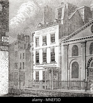 Sir Isaac Newton's House, St Martin's Street, Leicester Square, Londres, Angleterre. Sir Isaac Newton, 1642 - 1726/27. Mathématicien, astronome anglais, théologien, auteur et physicien. À partir de la vieille Angleterre : A Pictorial Museum, publié 1847. Banque D'Images