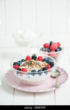 Muesli avec du yaourt, amandes et noix, fruits secs et baies Banque D'Images