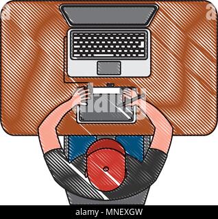 Designer working on laptop utilisant pen Vue de dessus Illustration de Vecteur