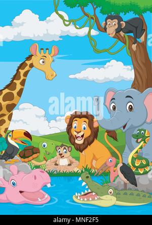 Cartoon paysage africain avec des animaux sauvages Illustration de Vecteur