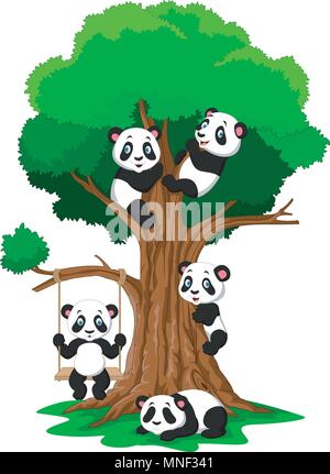 Panda bébé Cartoon jouant sur un arbre Illustration de Vecteur