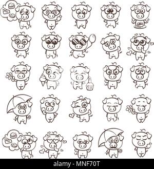 Coloriage avec collection de cochon cutest icon set de caractères avec différentes émotions. Vector illustration pour les nouveaux 2019 année. Ensemble de petites piggy Illustration de Vecteur