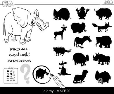 Illustration Cartoon noir et blanc de trouver toutes les ombres de l'éléphant d'une activité éducative pour les enfants Coloring Book Illustration de Vecteur