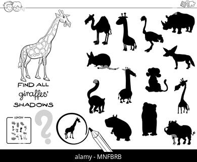 Illustration Cartoon noir et blanc de trouver toutes les ombres girafe activité éducative pour les enfants Coloring Book Illustration de Vecteur