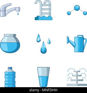 L'eau accueil icons set, cartoon style Illustration de Vecteur