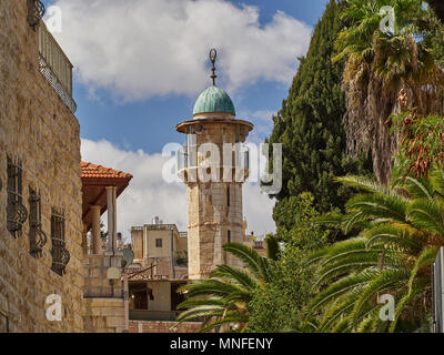 Les murs en pierre de l'ancienne médina sont couvertes de plantes vertes, le minaret de la mosquée de Jérusalem est, Israël. Banque D'Images