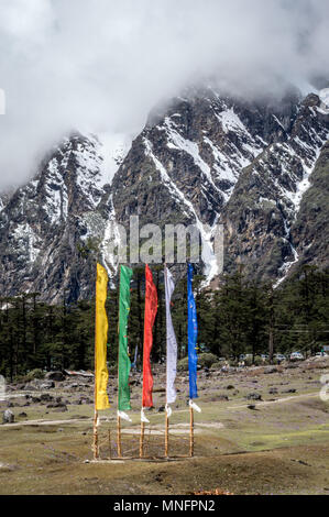 Une vue de la vallée Yumthang sur l'himalaya avec drapeaux religieux de haut vol, le Sikkim, Inde Banque D'Images