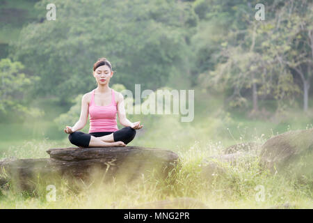 Belle jeune femme asiatique pratiquant le yoga dans le jardin Banque D'Images
