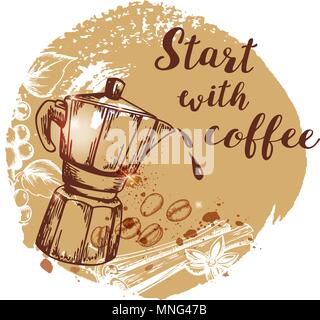 Cafetière et café en grains. Hand drawn vector background en style vintage. Commencer avec lettrage'' Café Illustration de Vecteur