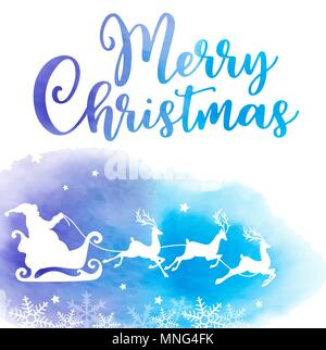 Maison de vacances vecteur contexte avec le Père Noël et les messages d'inscription. Carte de Noël avec aquarelle bleu texture. Illustration de Vecteur