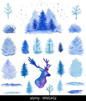 Ensemble de blue hand drawn vector aquarelle christmas design elements sur un fond blanc. Illustration de Vecteur