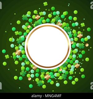 Abstract vector bannière ronde avec des confettis vert et les feuilles de trèfle. Design for St. Patrick&rsquo;s jour Illustration de Vecteur