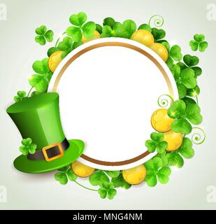 Bannière ronde, chapeau vert et les feuilles de trèfle. Design for St. Patrick&rsquo;s jour. Vector illustration Illustration de Vecteur