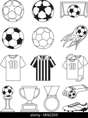 Soccer en noir et blanc 14 éléments ensemble. Illustration vecteur de sports, l'icône de signer l'autocollant, patch, d'un certificat d'un insigne, carte-cadeau, stamp logo, étiquette, poster Illustration de Vecteur