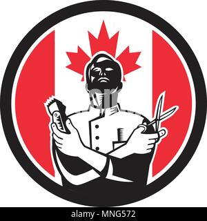 Style rétro icône illustration d'un salon de coiffure avec des ciseaux et des cheveux tondeuse avec drapeau à feuille d'érable du Canada situé à l'intérieur du cercle sur fond isolé Illustration de Vecteur