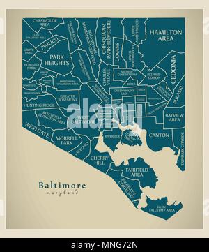 Plan de la ville moderne - Baltimore Maryland ville des États-Unis avec des titres et des quartiers Illustration de Vecteur