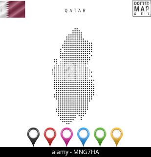 La carte à points du Qatar. Silhouette simple du Qatar. Le drapeau national du Qatar. Ensemble de marqueurs de la carte multicolore. Vector illustration isolé sur blanc Ba Illustration de Vecteur