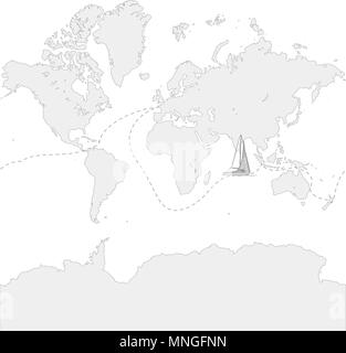 Globe Carte avec l'itinéraire de voyage et bateau. Icône vecteur dessiné à la main. Illustration de Vecteur