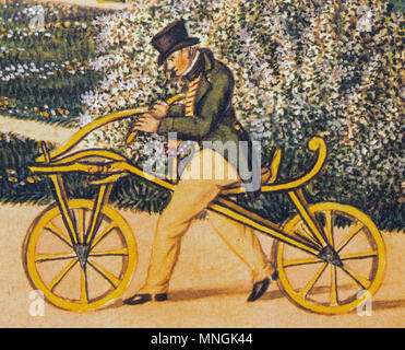 KARL VON DRAIS (1785-1851) l'inventeur allemand sur sa Laufmaschine original, le premier deux roues vélo, en 1819 Banque D'Images