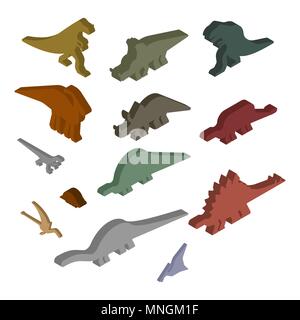 Jeu isométrique de dinosaures. Animal antique. Le Diplodocus et le Stégosaure, ptérosaures. L'Ankylosaurus et triceratops. Styracosaurus et Iguanodon, l'Apatosaurus. Illustration de Vecteur