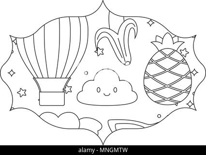 L'arabe cadre avec fruits et nuages kawaii sur fond blanc, vector illustration Illustration de Vecteur