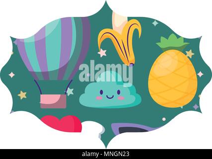 L'arabe cadre avec fruits et nuages kawaii sur fond blanc, vector illustration Illustration de Vecteur