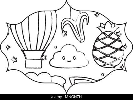 L'arabe cadre avec fruits et nuages kawaii sur fond blanc, vector illustration Illustration de Vecteur