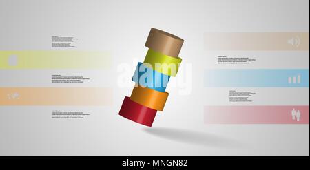 Illustration infographie 3D modèle avec motif de cylindre en tranches horizontalement à cinq pièces de couleur qui sont disposés en biais. Simple signe et le texte est Illustration de Vecteur