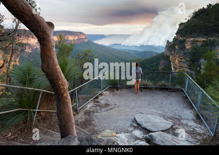 Le bush fille lors d'une recherche avec une vue sur un incendie à distance et de la fumée dans les Blue Mountains, New South Wales, Australie. Banque D'Images