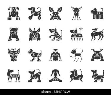 Silhouette Chien Robot icons set. Kit de connexion web monochromes isolés de pet. Mignon petit personnage pictogrammes collection comprend transformateur, machine, cyborg. Si Illustration de Vecteur