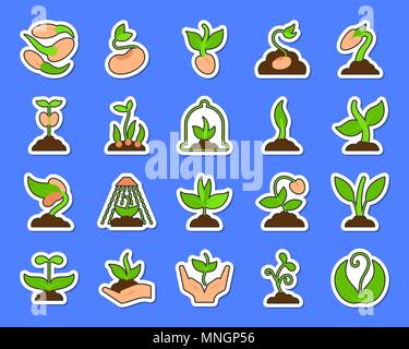 Autocollant de germes icons set. Télévision Web kit de connexion de graines. Pictogramme collection comprend des plantes, des feuilles, des arbres en croissance. Symbole Simple Green sprout. Colorful Illustration de Vecteur