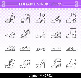 Chaussures femmes fine ligne icons set. Black contour kit web sign de chaussures. Fashion icône linéaire collection comprend l'amorçage, chaussons, baskets. St modifiable Illustration de Vecteur