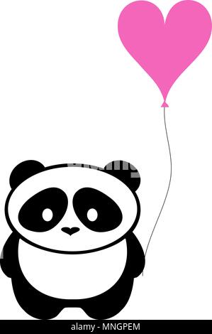 Vector illustration of cute panda avec ballon coeur rose silhouette. Modèle de conception de logo. Funny animal Panda paresseux logo icône concept. Illustration de Vecteur