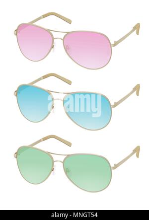 Lunettes colorées, vector illustration réaliste. Lunettes fashion élégant avec rose, bleu, vert de l'écran solaire et lentilles lunettes rim or fer élégant, accessoire, isolé sur fond blanc Illustration de Vecteur