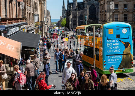 Afficher le long de la Royal Mile avec de nombreux touristes et tour bus dans la vieille ville d'Édimbourg, Écosse, Royaume-Uni Banque D'Images