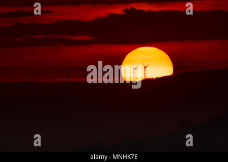 Silhouette d'éoliennes au coucher du soleil. Les moulins à vent. soleil. Banque D'Images