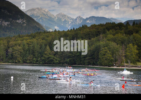 Début de course en canots sur le lac de Bohinj, plus grand lac permanent situé dans la vallée de Bohinj des Alpes Juliennes, parc national du Triglav, en Slovénie Banque D'Images